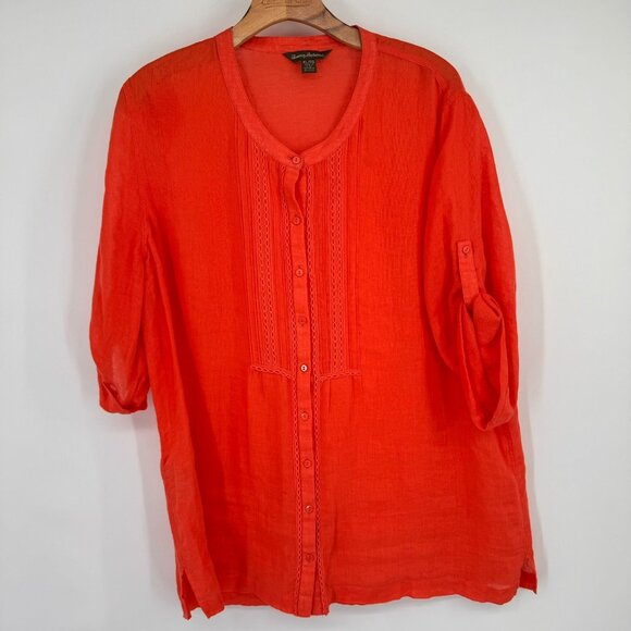 Tommy Bahama Womens orange Linen Button-Up Blouse size XL 3/4 roll tab sleeve - Picture 2 of 13